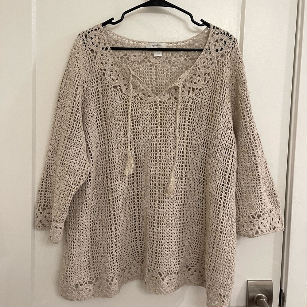 Vintage Beachy Boho CJ Banks Cream Crochet Openwork Pullover Sweater